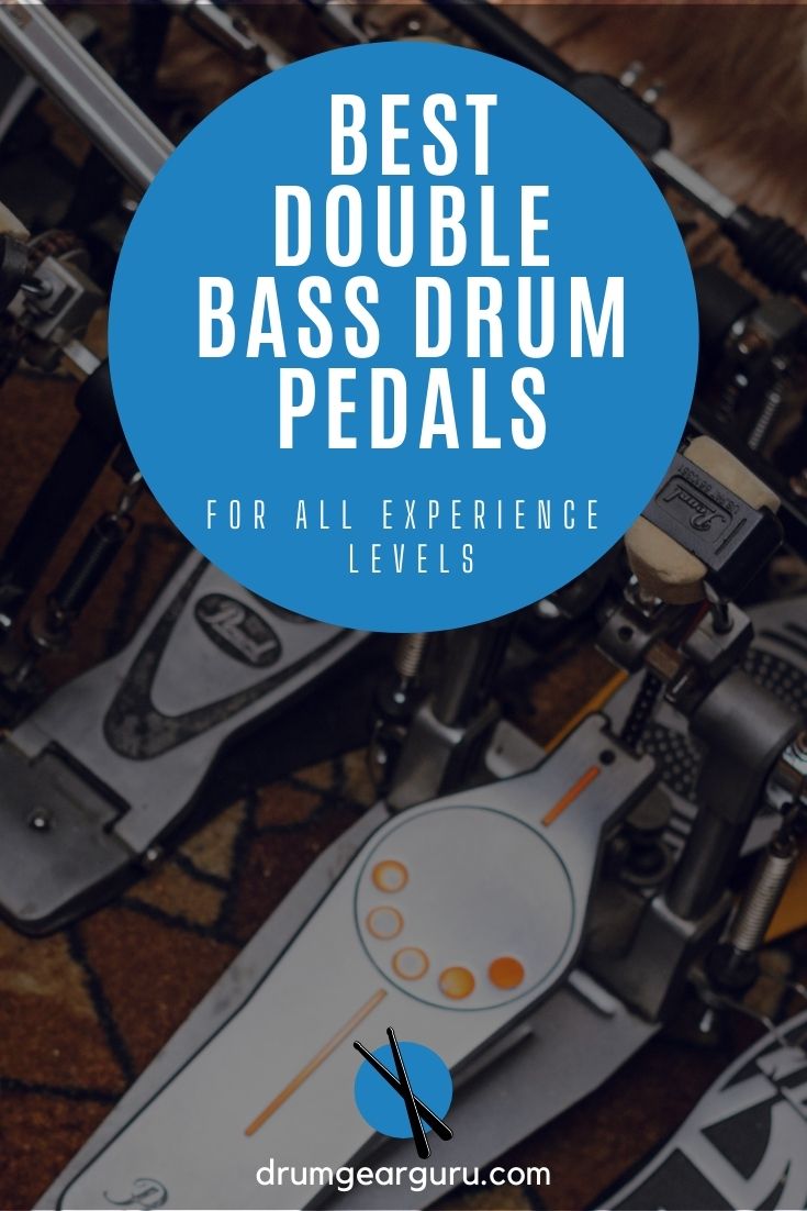 various double bass drum pedals stacked next to each other in a drum rehearsal studio, with an overlay that reads, "Best double bass drum pedals for all experience levels"