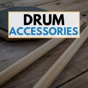 a set of drumsticks next to a drum practice pad, with an overlay that reads, "Drum Accessories"