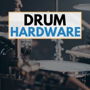 a drum set featuring drum hardware, with an overlay that reads, "Drum Hardware"