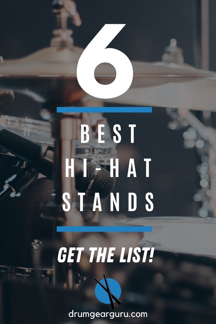 close-up view of a hi-hat stand for a drumset, with an overlay that reads, "6 Best Hi-Hat Stands: Get the List!"