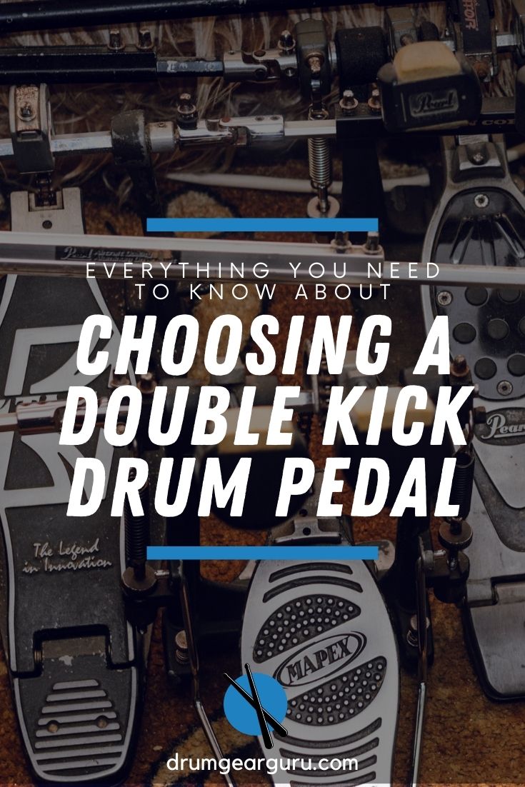 Multiple double bass drum pedals stacked next to each other, with an overlay that reads, "everything you need to know about choosing a double kick drum pedal"