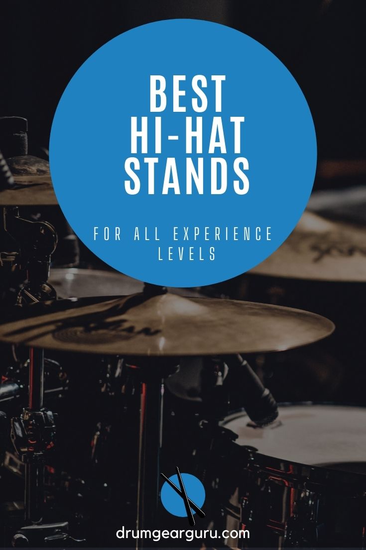 close-up view of a drumset, featuring a high hat stand, with an overlay reading, "Best hi-hat stands for all experience levels"