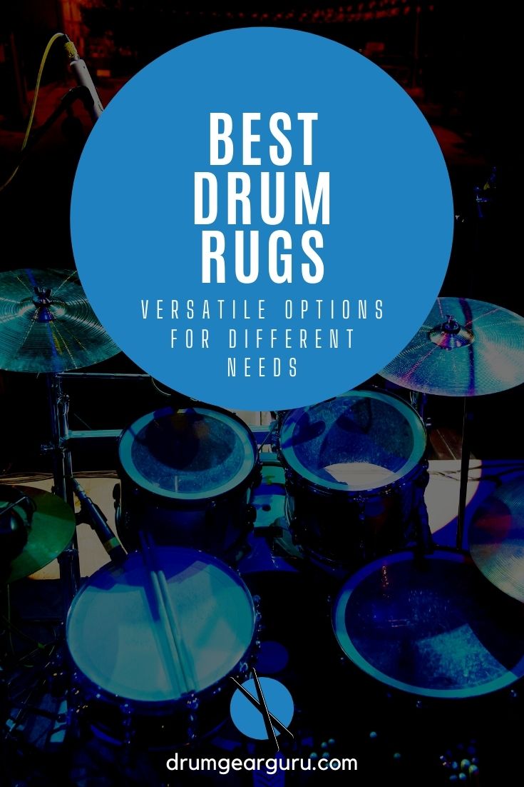 a touring drummer's drum set positioned on a black drum rug on a stage, with an overlay that reads, "Best Drum Rugs: Versatile options for different needs"