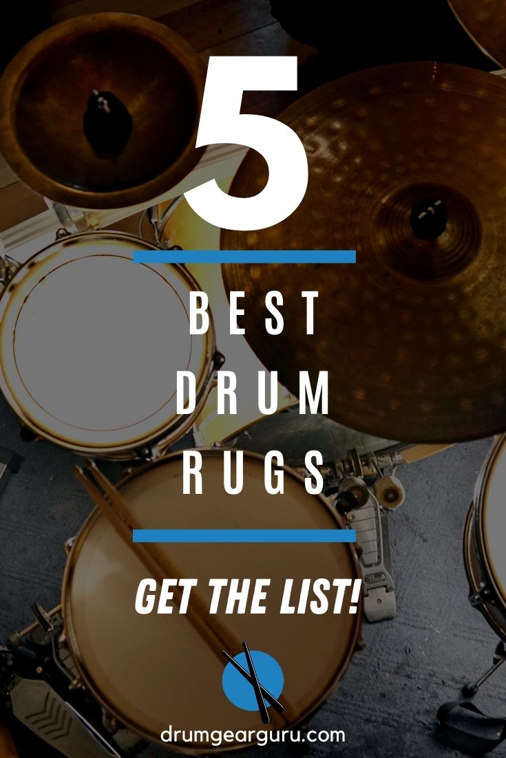 overhead view of a drum set on a gray rug, with an overlay that reads, "5 Best Drum Rugs: Get the List!"