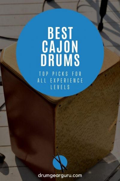 a wooden box drum, or cajon, sits on a deck outside. An overlay reads, "Best Cajon Drums: Top Picks for All Experience Levels"