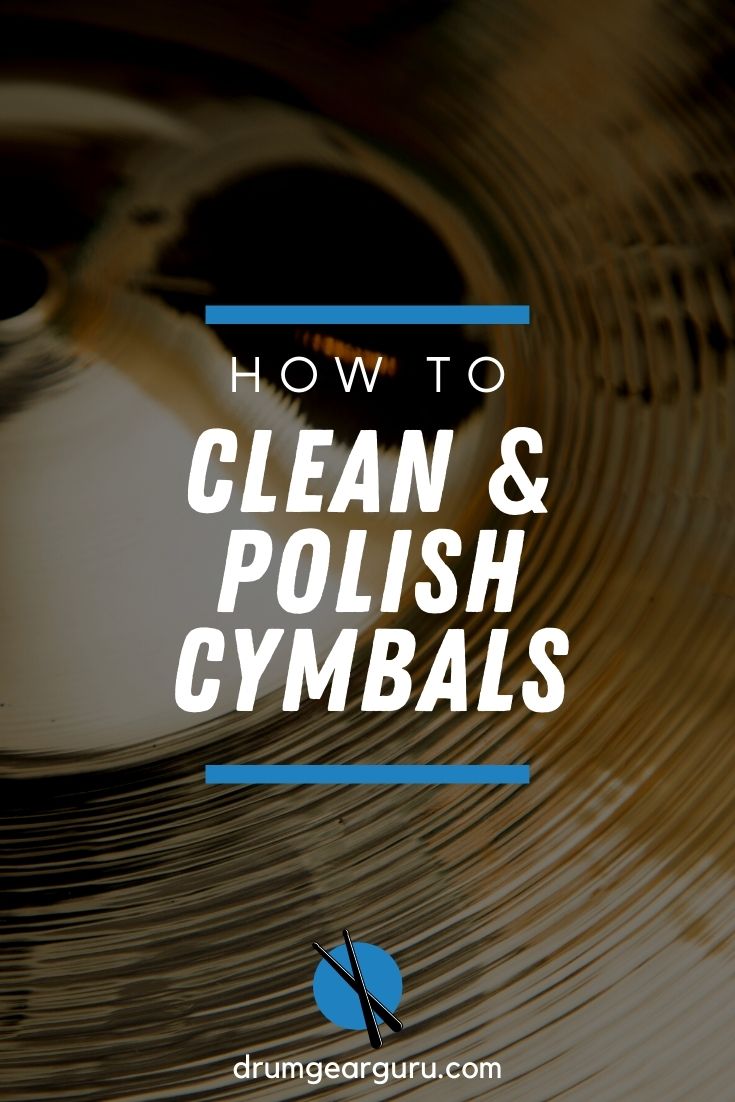 close-up view of a shiny cymbal, with an overlay that reads, "How to Clean and Polish Cymbals"